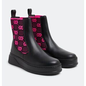 Gucci Women’s Dali Soft Technical GG Jersey Leather Boots Black Fuchsia Sz37.5
